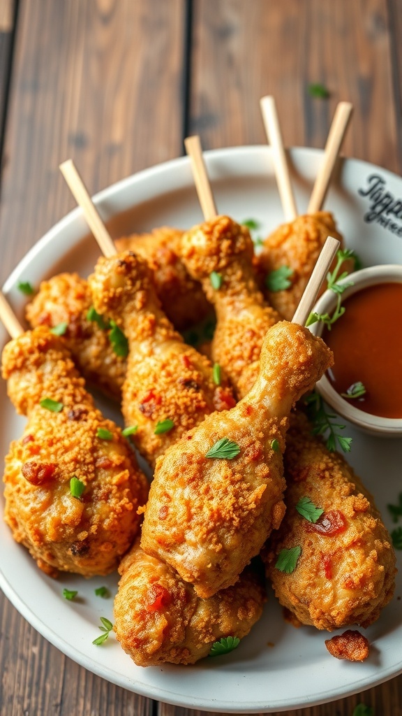 Crispy chicken drumstick lollipops on a plate with dipping sauce and herbs.